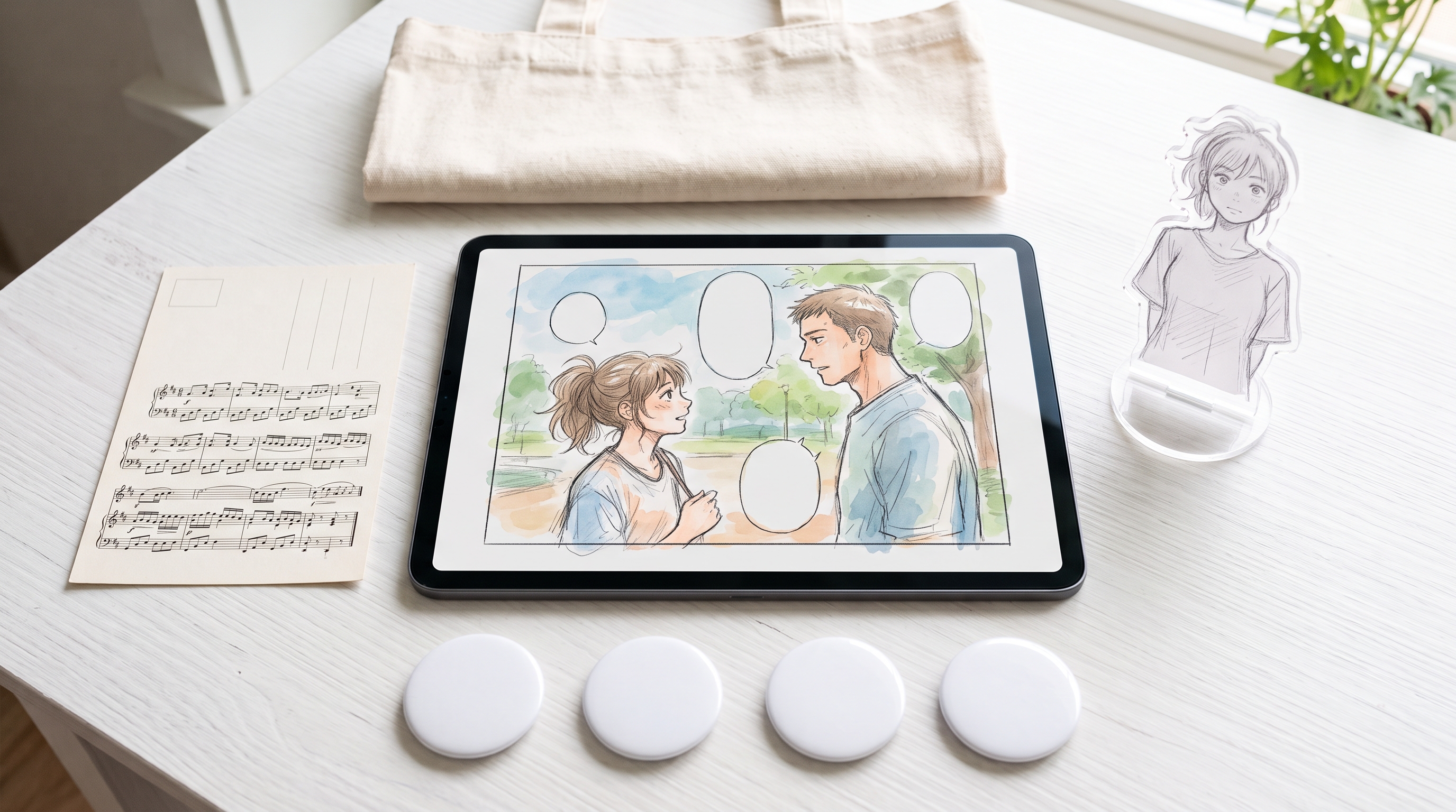 マンガ原画を表示したタブレットと、楽譜のポストカード・缶バッジ・アクリルスタンドなどのグッズ
