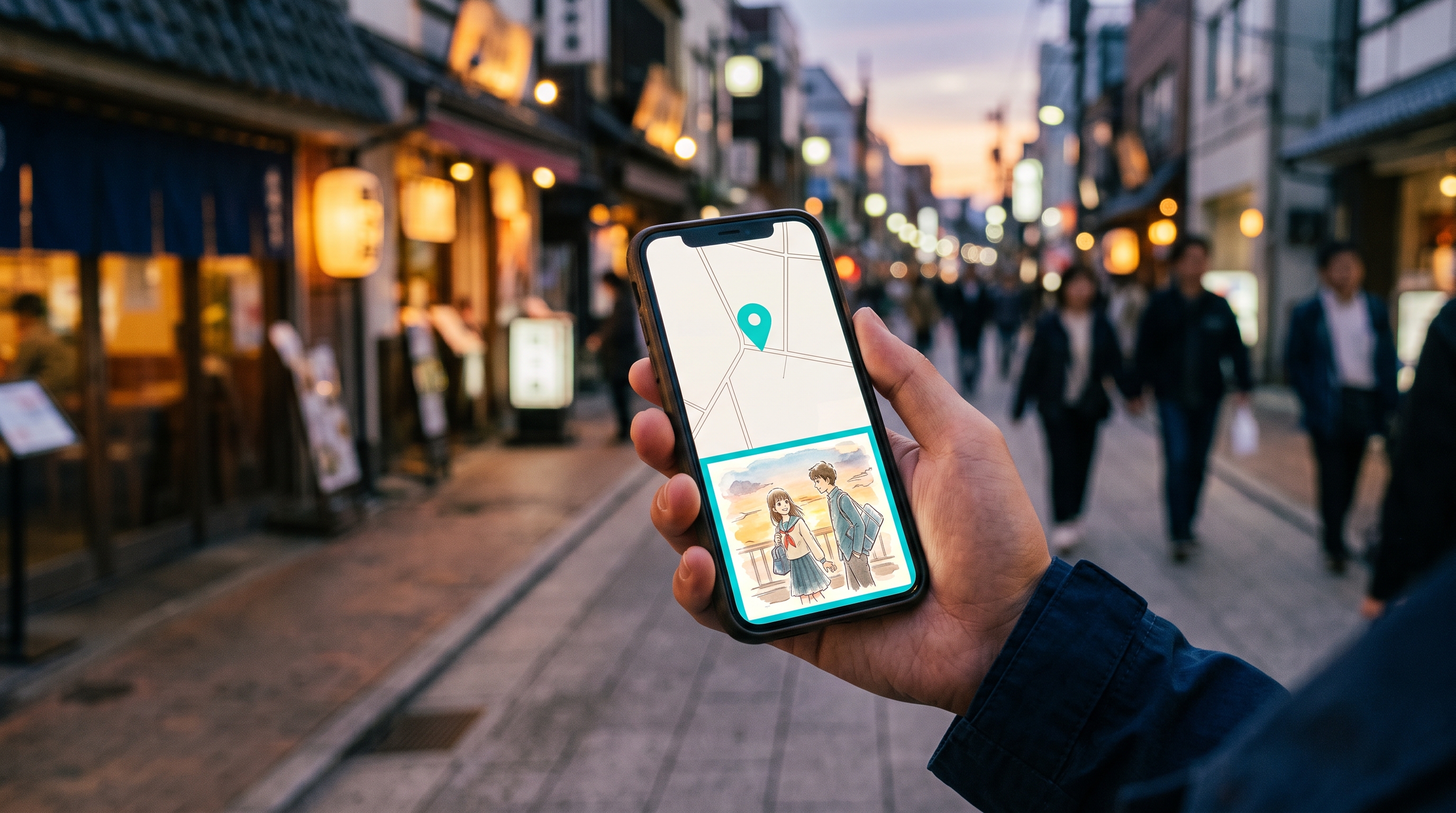 夕方の商店街でスマートフォンに表示された位置情報広告とマンガのクリエイティブ