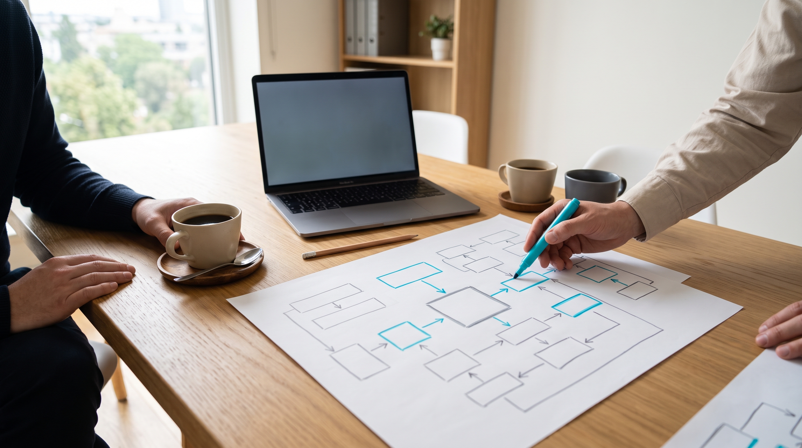 打ち合わせのテーブルで事業構想図に書き込みをしている様子